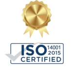 ISO 14001 2015 Environmental Management gold certification badge for industrial compliance.