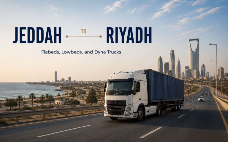 Jeddah Riyadh trailer hire — flatbed curtainsider and refrigerated truck for inter city cargo Saudi Arabia, Truck hire Jeddah to Riyadh Saudi Arabia — flatbed and trailer rental for industrial cargo KSA